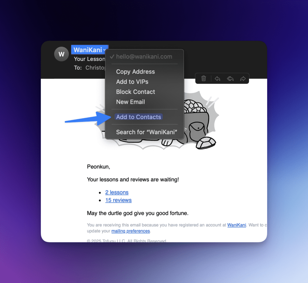 Apple Mail Kontextmenü "Zu Kontakten hinzufügen
