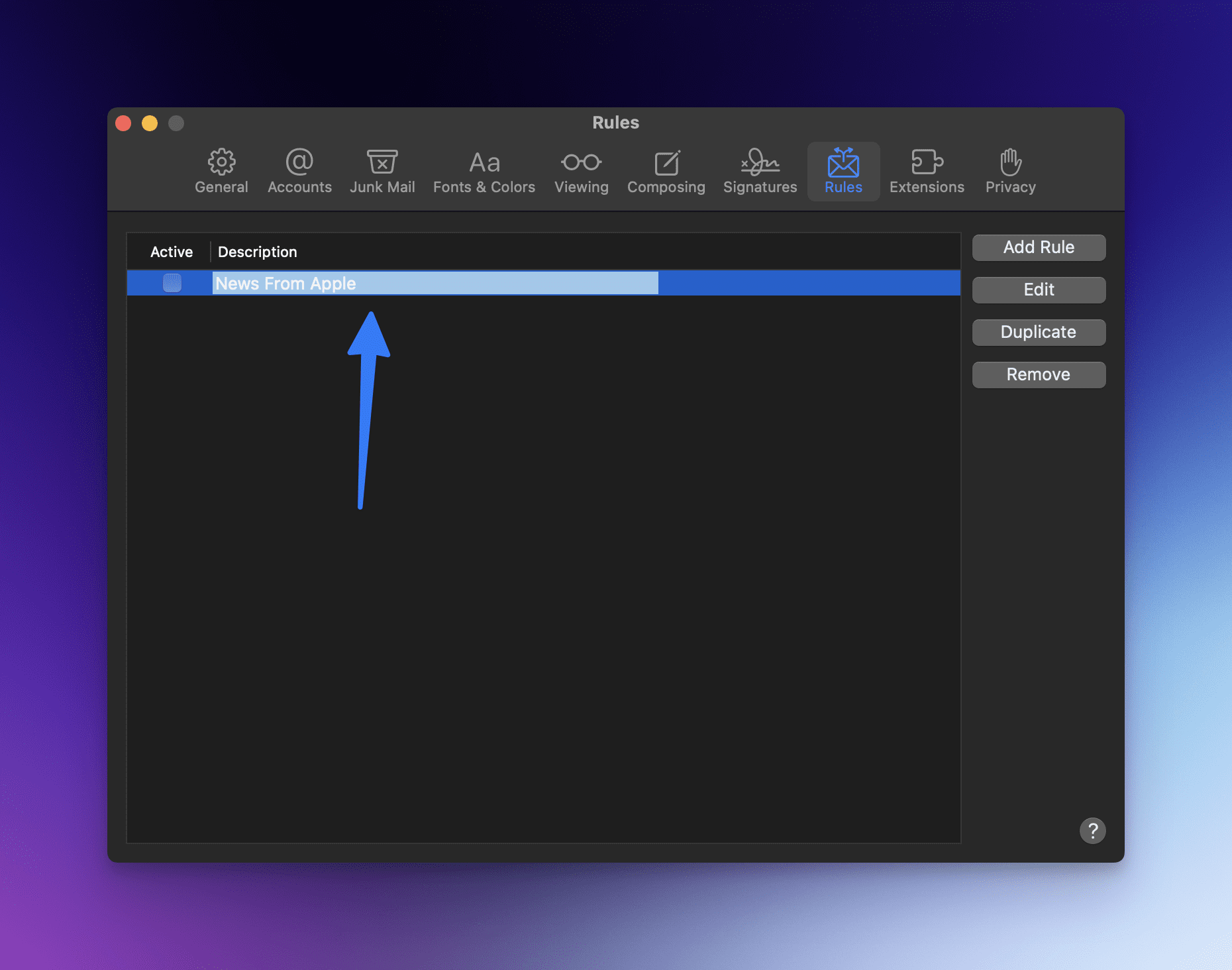 Apple Mail Einstellungsmenü für Regeln
