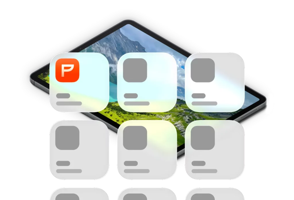 iPad with different liquid glass tiles on top