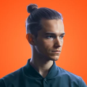 A UX/UI designer specializing in user experience and creative direction. He is the founder of Peonkun GmbH. The image features Chris with a man bun hairstyle, set against an orange background, wearing a dark shirt.