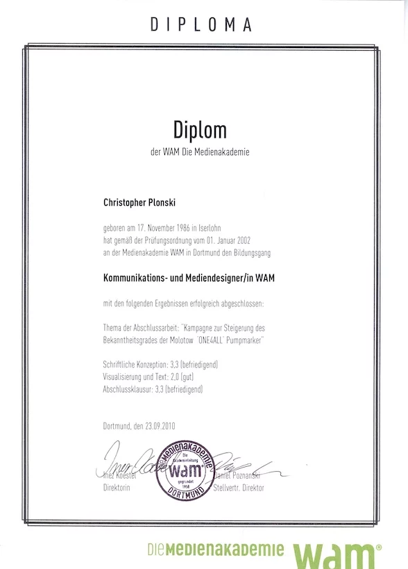 The image shows a diploma from WAM Die Medienakademie in Dortmund. It is awarded to Christopher Plonski, born on November 17, 1986. The diploma certifies completion of studies in Communications and Media Design in WAM.