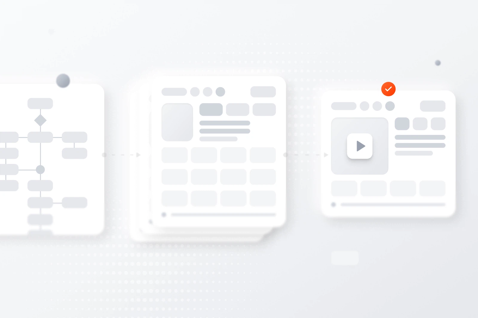 A conceptual illustration depicting a web design guide process. The image shows a flowchart leading to multiple webpage mockups, one featuring a play button icon. A red checkmark indicates approval or completion of the design process.