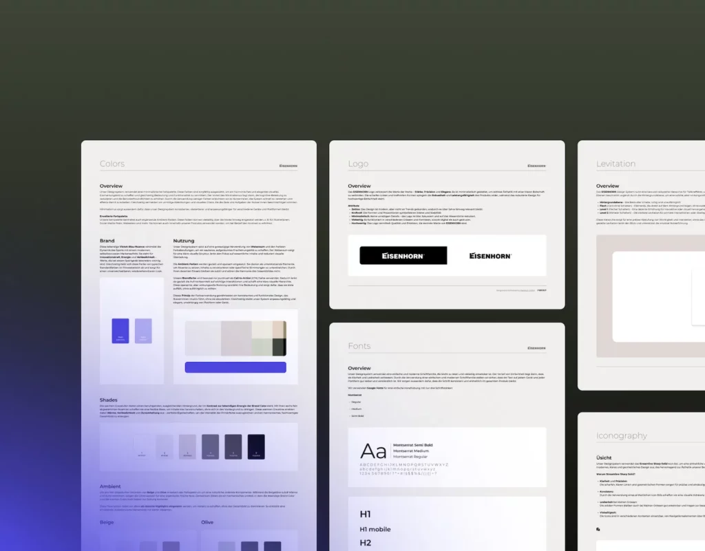 Image showcasing the EISENHORN design system with multiple panels detailing colors, logo, fonts, and iconography guidelines. The layout includes color palettes, logo variations, font styles, and usage instructions for consistent branding and design.