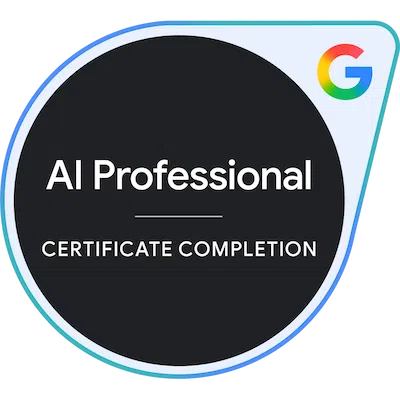 The image shows a Google AI Professional Certificate badge, indicating certificate completion in AI.