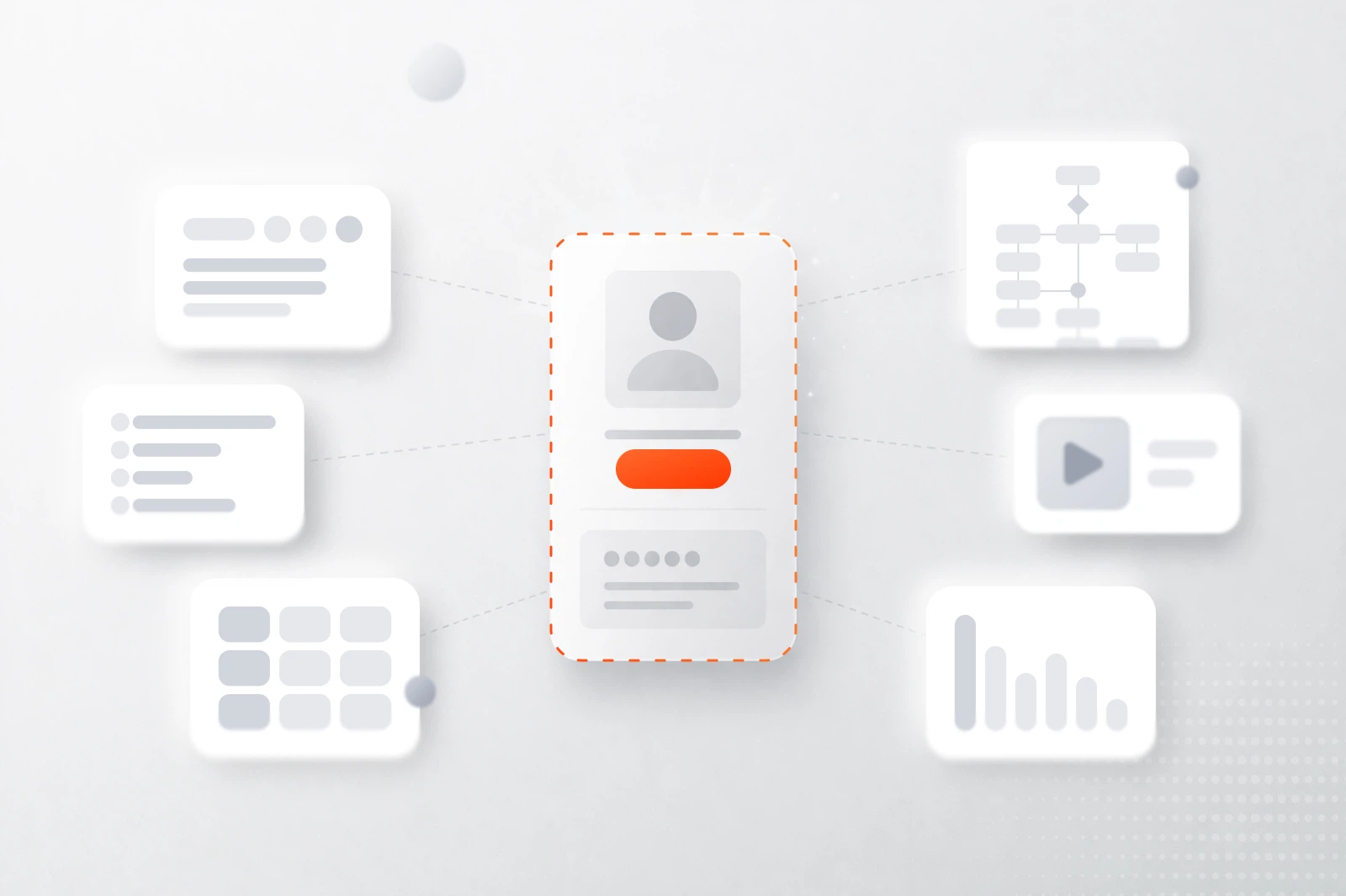 A central rectangular icon, bordered by an orange dashed line, contains a generic profile image with text lines below and a red button. Surrounding it are five cloud-like shapes, each connected with dotted lines. The shapes depict various elements: text, a flowchart, a video icon, a table, and a bar chart, showcasing different forms of content or data. The background is light gray with subtle circular and dotted patterns.